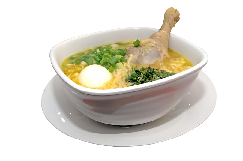 A bowl of chicken noodle soup with a drumstick, egg, green onions, and herbs.