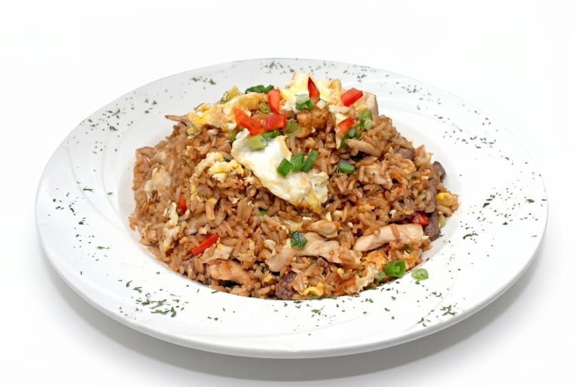 A white plate holds a mound of fried rice with chicken, egg, red peppers, and green onions.