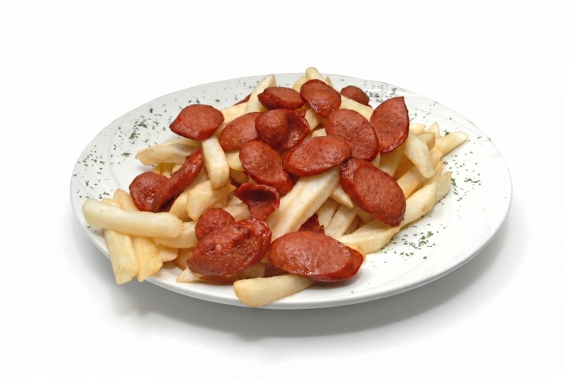 A white plate filled with golden french fries and sliced, pan-fried sausages, garnished with herbs.